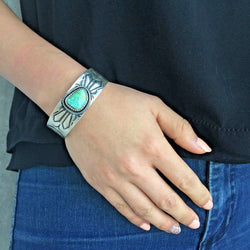 Silver Stamp Handmade Carico Lake Turquoise Bracelet Signed by Paul Livingston