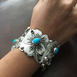 Large Stunning Sterling Silver Sleeping Beauty Turquoise 5 Flower Bracelet Cuff