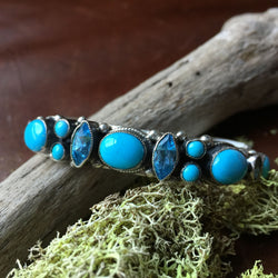 Natural Carico Lake with Blue Topaz Bangle Bracelet Signed Leo Feeney