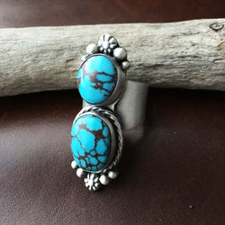 Beautiful Two Stoned Egyptian Turquoise Sterling Silver Ring Size 7