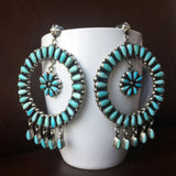 Huge Hoop Circle Campitos Turquoise Statement Earrings Flower Cluster Signed