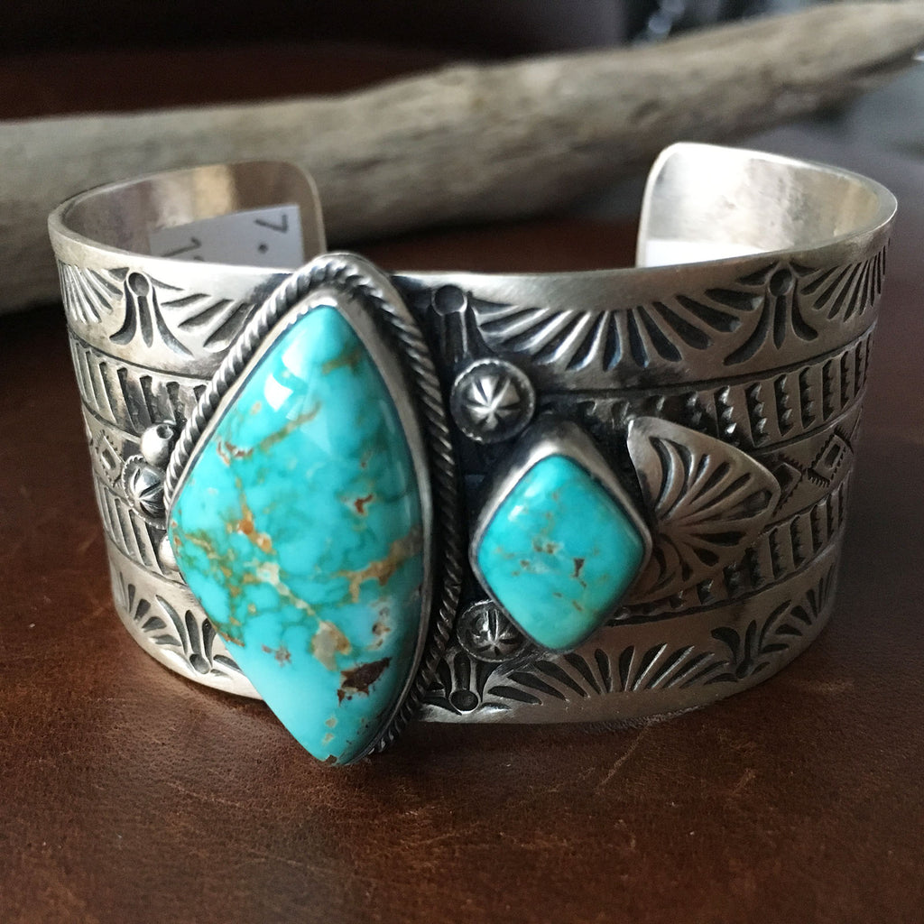 Two Stone Simple Silver Stamp Royston Turquoise Cuff Bracelet Ray Benn ...