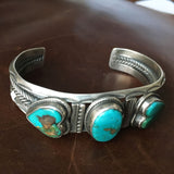 Three Stone Heart Shaped Royston Turquoise Bracelet Cuff Signed Vintage