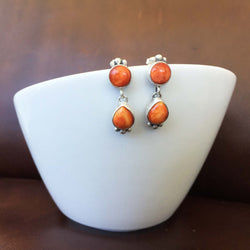 Small Two Stoned Sterling Silver Orange Spiny Oyster Earrings Popping Color