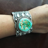 Deep Stamped Silver Overlay Royston Turquoise Bracelet Signed by Blackgoat