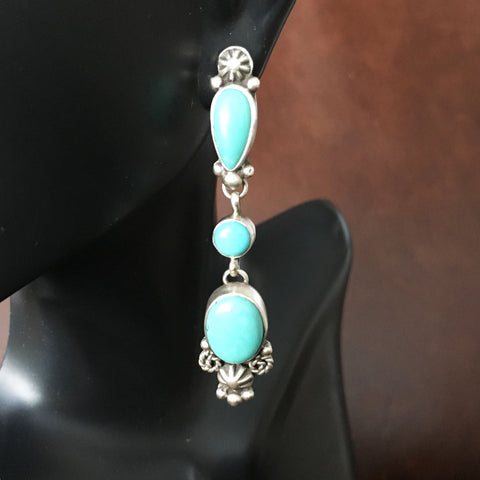 Long Dangle Sterling Cluster Campitos Turquoise Earrings Handmade Signed