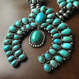 Blue and Green Campitos Turquoise Squash Blossom Necklace Signed Bobby Johnson