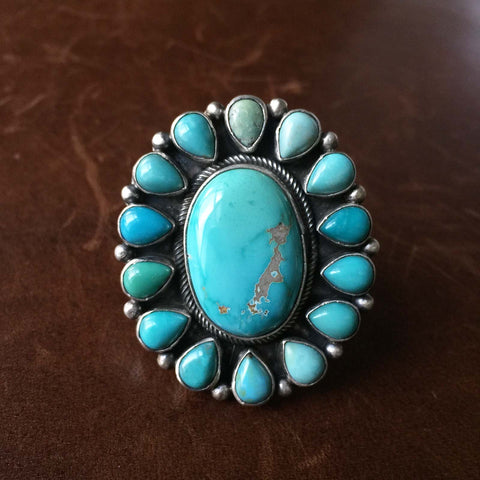 Medium Sterling Silver Clustered Carico Lake Turquoise Long Flower Rin ...