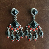 Mini Clustered 3.8 Carat Red Coral with Black Onyx Chandelier Earrings