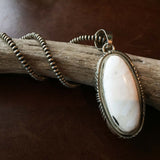 Handmade Sterling Silver Long Oval White Buffalo Pendant with Navajo Beads