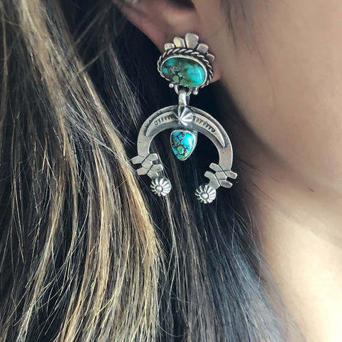 Navajo Handmade Sterling Silver Apache Turquoise Circular Dangle Earrings