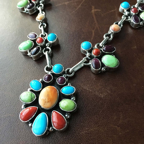 Spiny Oyster and Sleeping Beauty Mix Cluster Necklace Signed Emma Lincoln