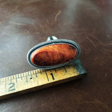 Beautiful Long Oval Spiny Oyster with Red Matrix Sterling Silver Ring Size 7
