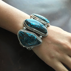 Beautiful Handmade 3 Stone Chinese Hubei Turquoise Sterling Silver Bracelet