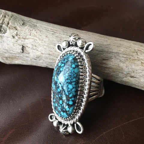 Large Oval Handmade Chinese Hubei Turquoise Sterling Silver Ring Size 9