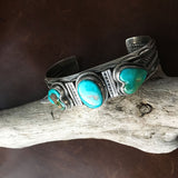 Three Stone Heart Shaped Royston Turquoise Bracelet Cuff Signed Vintage