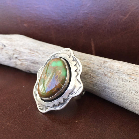 Beautiful Handmade Sterling Silver Green and Brown Carico Lake Ring Size 8