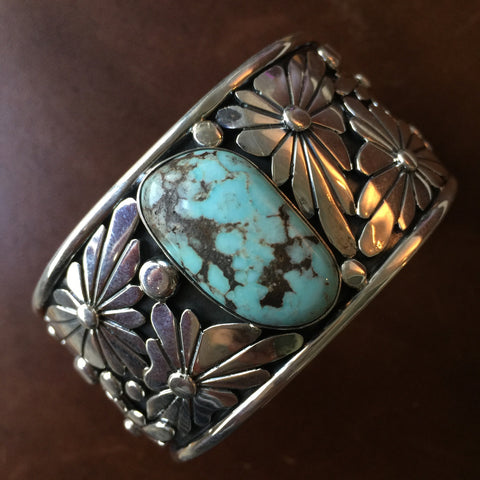 Beautiful Handmade Dry Creek Turquoise with Silver Flowers Signed Marita Benally
