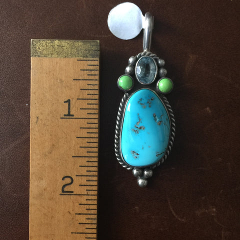 Natural Sleeping Beauty Turquoise Silver Pendant with Gaspeite Blue Topaz Signed
