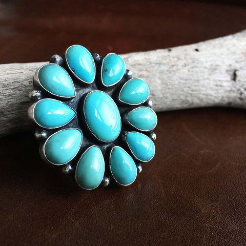 Beautiful Handmade Natural Campitos Turquoise Sterling Silver Flower Ring Size 7