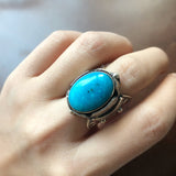 Small Handmade Stamped Sterling Silver Overlay Kingman Turquoise Ring Size 6