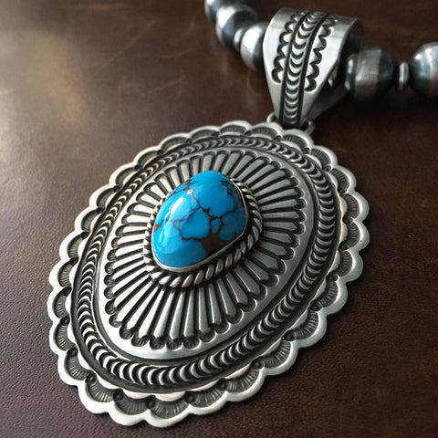 Sterling Silver Egyptian Turquoise Pendant with 10mm Navajo Beads
