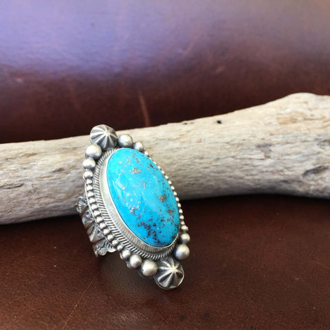 Beautiful Sterling Single Stone Blue Morenci Turquoise with Pyrite Ring Size 6