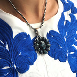 Dark New Lander Flower Pendant Necklace with 16 inch Navajo Beads Signed