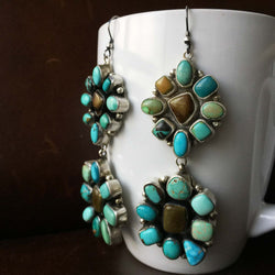 Beautiful Handmade Carico Lake Turquoise Medium Cluster Two-Flower Earrings