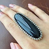 Sterling Natural Long Oval Black Onyx Ring Handmade and Signed Size 8