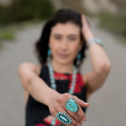 Navajo Handmade Sterling Silver Natural Campitos Long Flower Ring Size 10