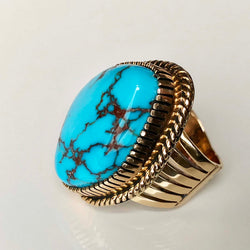 I Rule You Huge Egyptian Turquoise 14K Gold Ring Handmade Signed Size 8