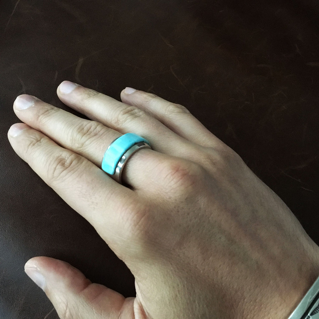 For Men Tiled Kingman Turquoise Sterling Silver Band Ring Size 11.5 – Toqos