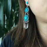 Double Daisy Sleeping Beauty Turquoise Dangle Earrings Signed Carlos Santa Fe