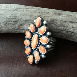 Beautiful Handmade Spiny Oyster Flower Ring Signed Ernest Begay Size 7